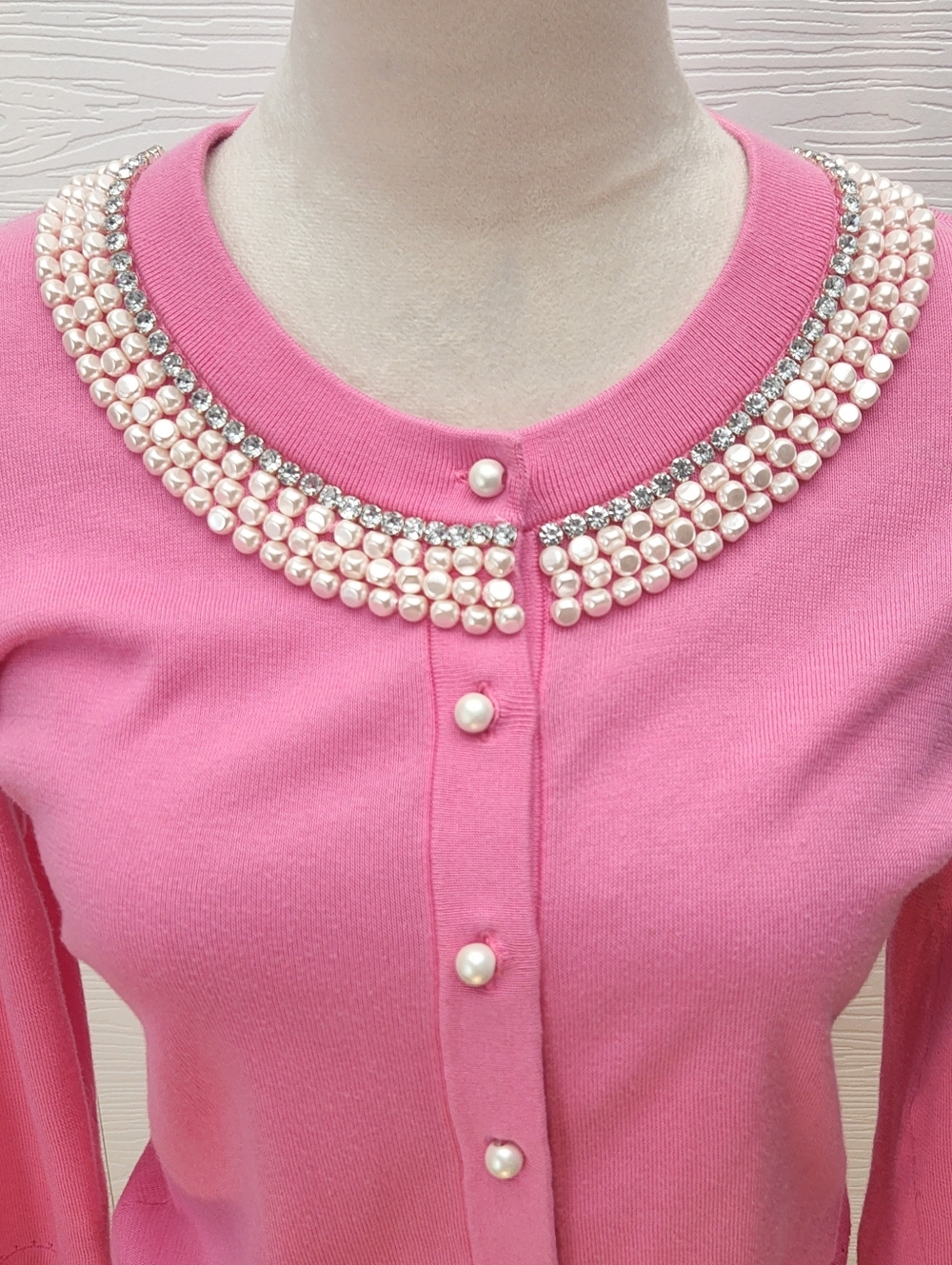 Kate Spade Tula Pink Faux Pearls & Diamonds Feminine Button Up Cardigan Size S - Picture 2 of 8